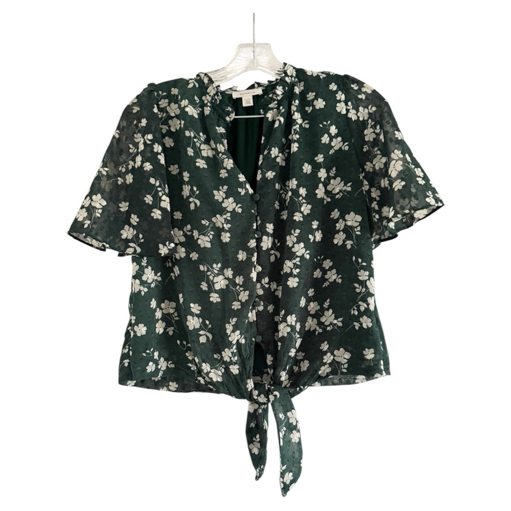 Tamara H. Forest Green Floral Swiss Dot Tie Front Blouse XS Short Sleeve Top